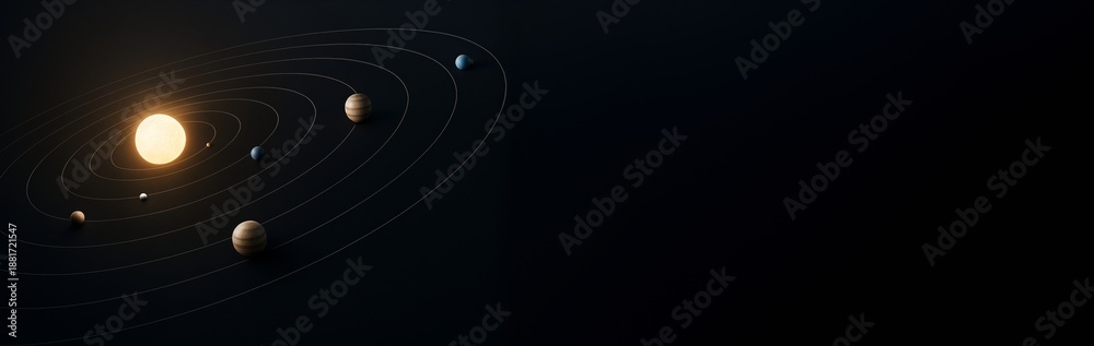 Fototapeta premium Solar system model with glowing sun and orbiting planets on dark background, right side empty for copyspace or banner design template. Ai generative