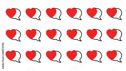 A collection of stylized red hearts and hollow outlines arranged in neat rows on a white background