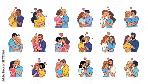 Diverse couples embracing and kissing illustrated in a cartoon style with hearts floating around them depicting love