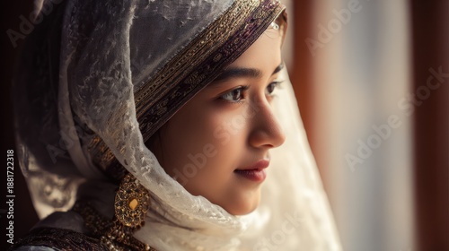 Serene Portrait of a Young Woman in Traditional Head Covering Contemplation