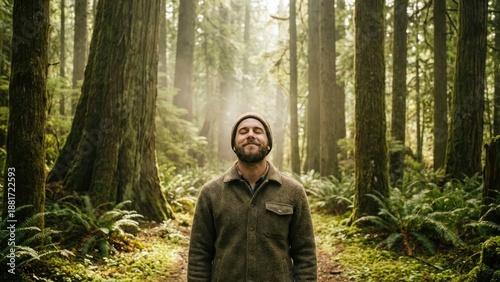 Young man breathes calmly amid greenery concept. Man enjoying serenity in a tranquil forest environment.