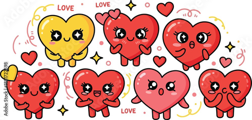 A group of adorable heart characters with different expressions are depicted in a cute cartoon style.