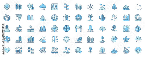 Nature landscape web icons set in line design. Duotone pictogram pack of location, forest, rain cloud, plant, trees, snow, mountain, support, ecology, more outline stroke signs. Vector illustration.