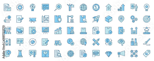 Product development web icons set in line design. Duotone pictogram pack of settings, optimization, solution, solving puzzle, winning, target, logistic, more outline stroke signs. Vector illustration.
