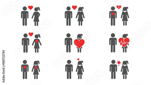 a set of 12 icons depicting relationships with hearts and people in various emotional states shown