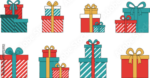 Colorful gift boxes vector illustration set, festive wrapped presents with ribbons and bows, holiday celebration design elements, Christmas birthday surprise packaging collection