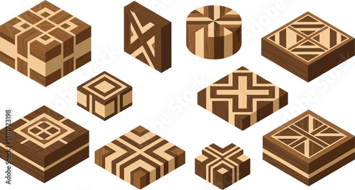 A collection of geometric wooden blocks with intricate patterns arranged on a white background.