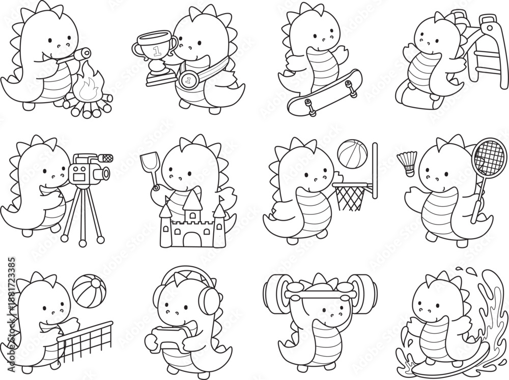 Obraz premium Coloring book of cute Dinosaur character clip art for children. Outline of Dinosaur 