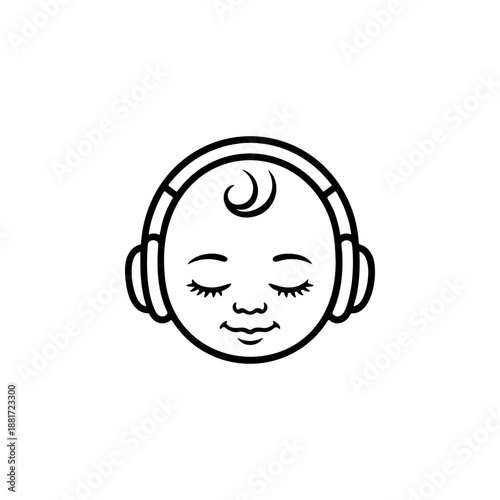A serene baby with closed eyes and headphones, ideal for kids music apps, lullaby playlists, baby DJ logos, nursery stickers and family audio branding.