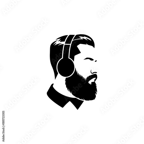 A stylish bearded man profile wearing headphones, perfect for podcast logos, music studio branding, audio equipment labels, hipster apparel prints and modern sound production designs.