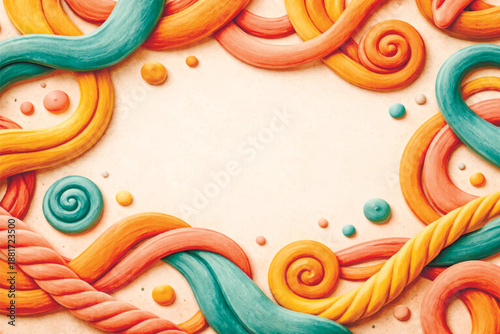 Playful 3D plasticine frame with colorful swirls and round elements. Vibrant clay texture background with copy space. Creative border in orange and teal for kids and art projects.