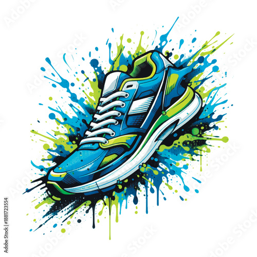 Vibrant 3D graffiti sneaker illustration with dynamic blue and lime green paint splatters. Modern urban street art style footwear vector for sports logos and stylish t-shirt prints.