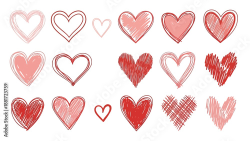 A collection of hand drawn hearts in varying shades of pink and red arranged on a white background