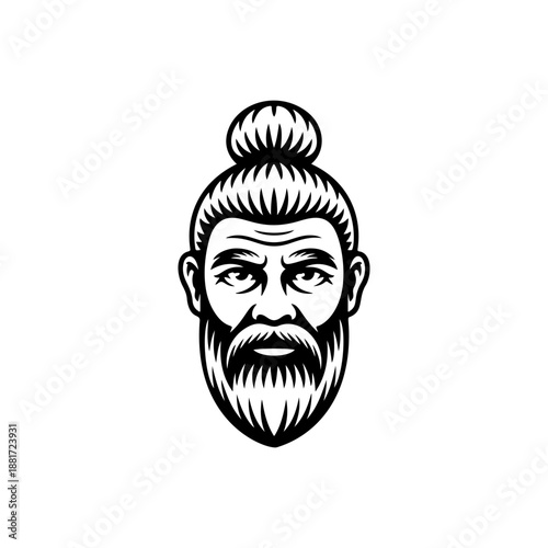 A fierce guru with intense eyes, long topknot bun and thick beard, ideal for martial arts dojos, spiritual coaching brands, yoga master logos, wisdom tattoo designs and eastern philosophy apparel.