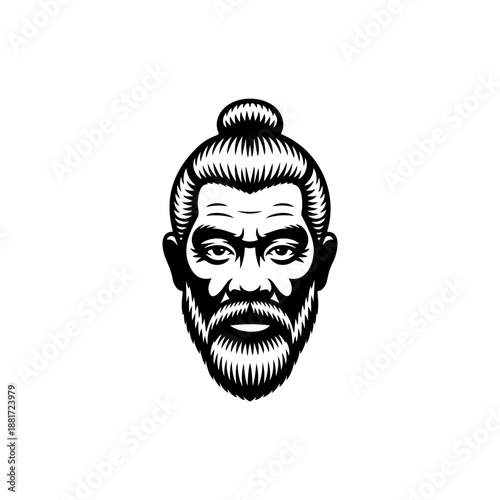 A fierce guru with intense eyes, long topknot bun and thick beard, ideal for martial arts dojos, spiritual coaching brands, yoga master logos, wisdom tattoo designs and eastern philosophy apparel.
