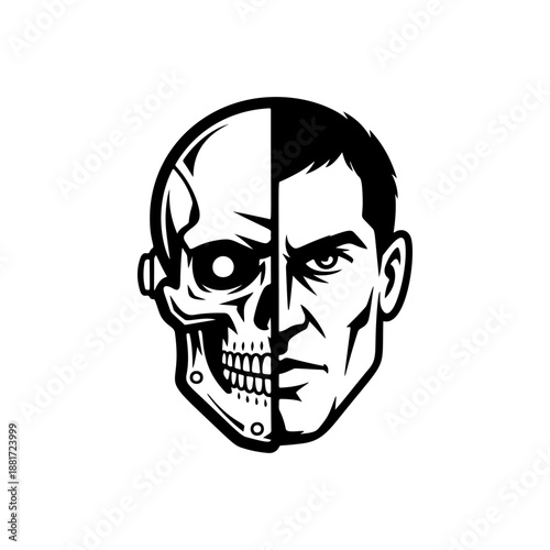 A striking half-man half-robot cyborg face in split design, with skeletal skull on one side and intense human features on the other