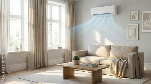 Comfort from air conditioner in living room concept. Modern living room with air conditioning and natural light.
