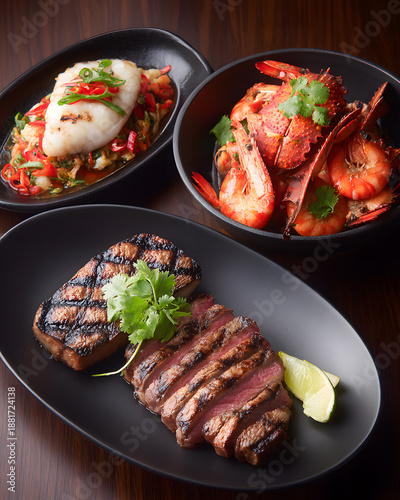 Delicious seafood and steak elegant gourmet restaurant food photography