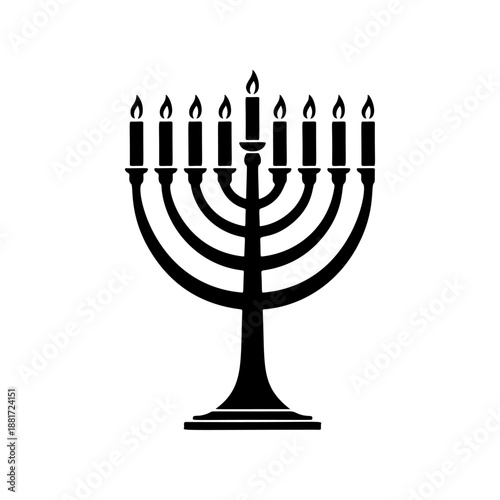 A classic Hanukkah menorah with nine lit candles on curved branches atop an ornate stand, perfect for Jewish holiday cards, synagogue logos