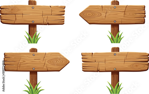 Wooden signboard set with blank rustic direction signs on posts, cartoon style vector illustration for outdoor navigation, nature themes, game assets, and UI design