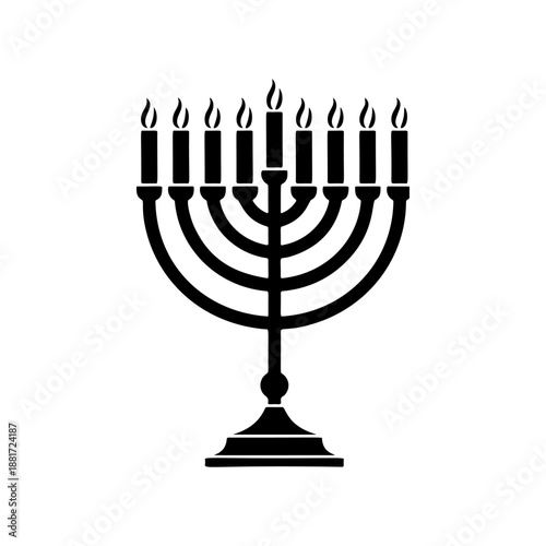 A classic Hanukkah menorah with nine lit candles on curved branches atop an ornate stand, perfect for Jewish holiday cards, synagogue logos