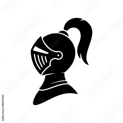 A profile view of a medieval knight helmet with flowing ponytail, detailed visor slits and ornate neck guard, perfect for fantasy gaming logos, historical reenactment merch