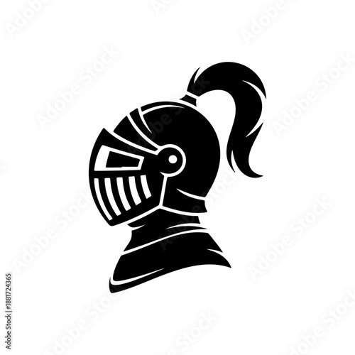A profile view of a medieval knight helmet with flowing ponytail, detailed visor slits and ornate neck guard, perfect for fantasy gaming logos, historical reenactment merch