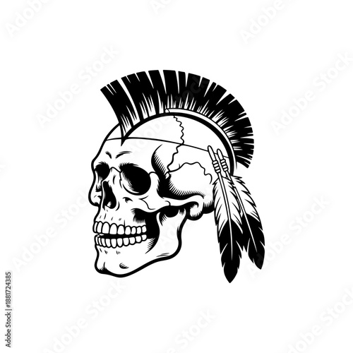 A fierce Native American skull with prominent mohawk crest and flowing feathers, ideal for tribal punk merch, biker gang logos, heavy metal band tees, 