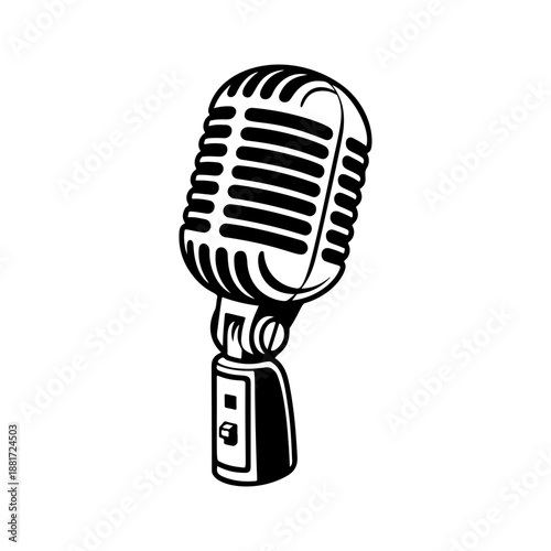 A classic vintage microphone on a stand with retro grille design, perfect for podcast logos, recording studio branding, rock band merch, radio station icons