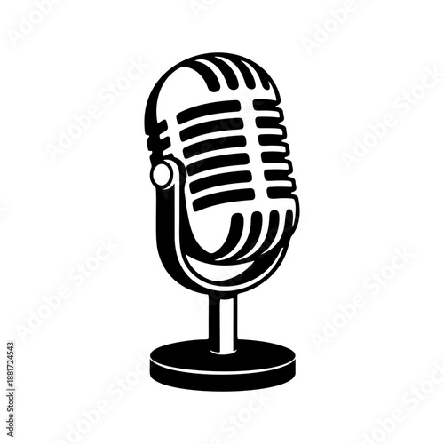 A classic vintage microphone on a stand with retro grille design, perfect for podcast logos, recording studio branding, rock band merch, radio station icons