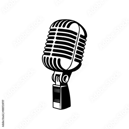 A classic vintage microphone on a stand with retro grille design, perfect for podcast logos, recording studio branding, rock band merch, radio station icons