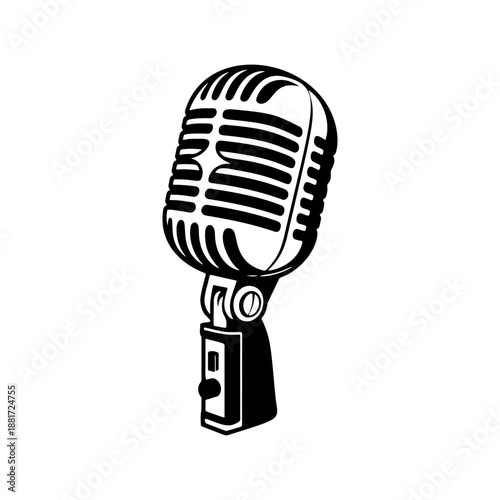 A classic vintage microphone on a stand with retro grille design, perfect for podcast logos, recording studio branding, rock band merch, radio station icons