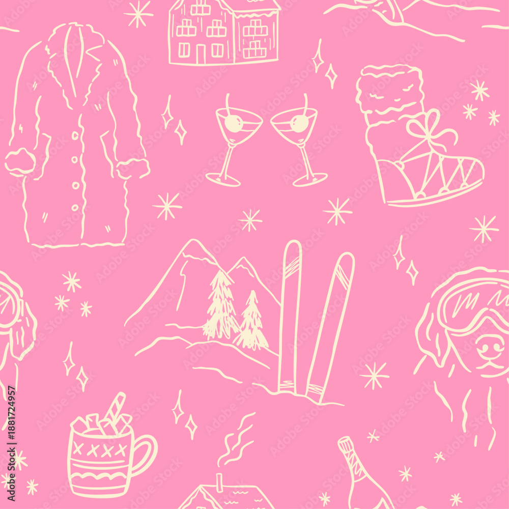 Fototapeta premium Hand drawn winter ski and apres ski seamless pattern in whimsical doodle style. Includes skiers, snowboard, clothing, equipment, cocktails and holiday elements. Cute line art, vintage background