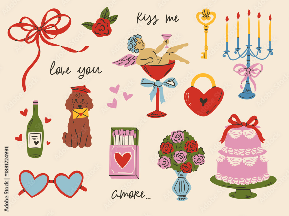 Fototapeta premium Cute coquette doodle illustration set for Valentine’s Day, weddings and love events. Hand drawn hearts, bows, rings, flowers, drinks and desserts. Whimsical vintage style, trendy feminine design