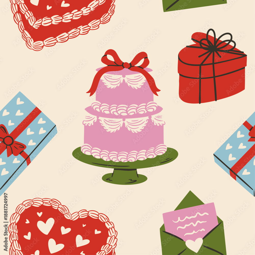 Fototapeta premium Seamless romantic doodle pattern with hearts, bows, doves, cakes and drinks. Cute vintage coquette illustration for Valentine’s Day, weddings and gifts. Trendy feminine design for wallpaper.