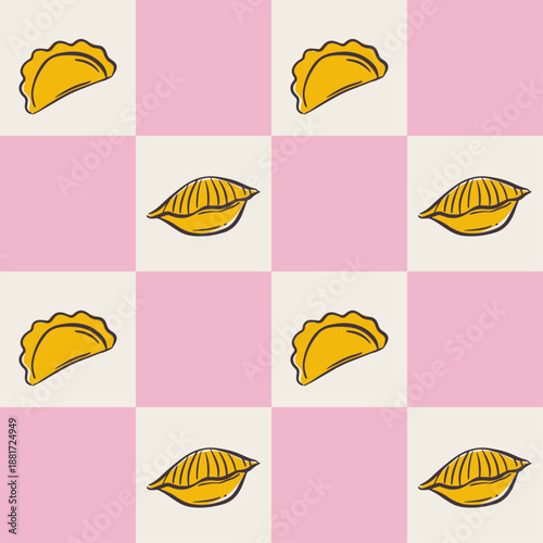 Playful Mediterranean pasta design with quirky line art noodles. Seamless pattern ideal for kitchen decor, wrapping paper, or restaurant branding. Cute background with spaghetti, penne, and ravioli.