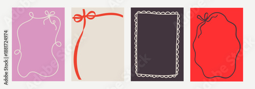 Set of elegant whimsical hand drawn spring frames with wavy squiggle curly ribbons in trendy, vintage styles. Perfect for quirky holiday, wedding, bachelorette invitation.