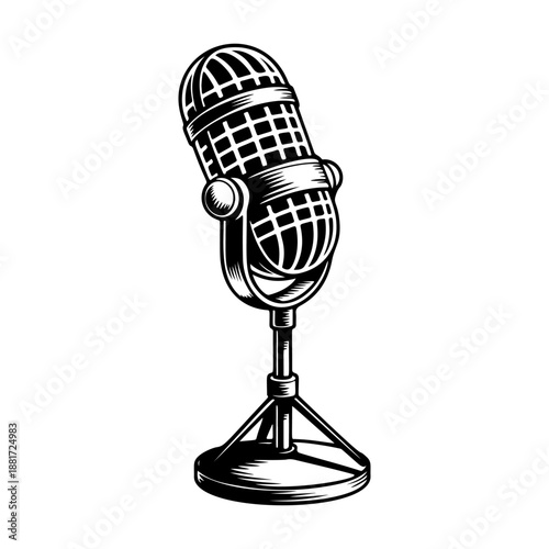 A classic vintage microphone on a stand with retro grille design, perfect for podcast logos, recording studio branding, rock band merch, radio station icons