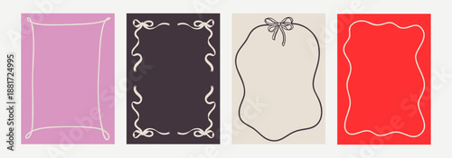 Set of elegant whimsical hand drawn spring frames with wavy squiggle curly ribbons in trendy, vintage styles. Perfect for quirky holiday, wedding, bachelorette invitation.