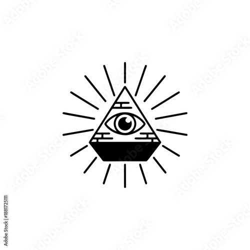 A radiant pyramid with all-seeing eye at the apex, surrounded by glowing rays, perfect for conspiracy merch, occult logos, cryptocurrency brands