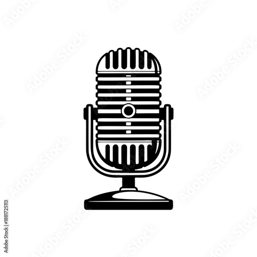 A classic vintage microphone on a stand with retro grille design, perfect for podcast logos, recording studio branding, rock band merch, radio station icons