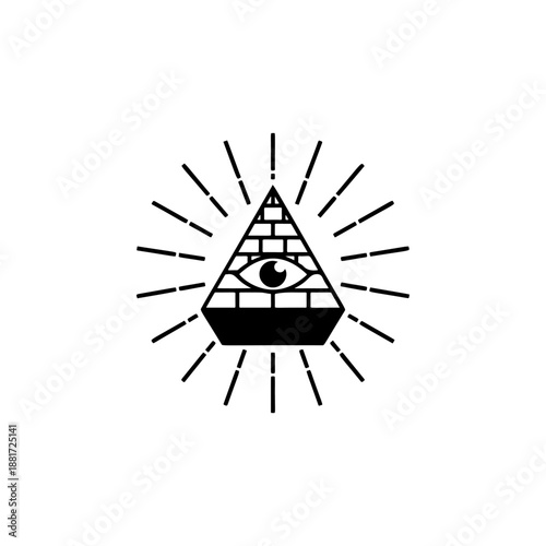 A radiant pyramid with all-seeing eye at the apex, surrounded by glowing rays, perfect for conspiracy merch, occult logos, cryptocurrency brands