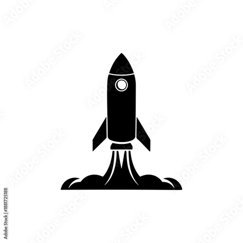 A dynamic rocket launching with fiery exhaust trail and porthole window, ideal for space startups, tech innovation brands, crypto mooning memes, gaming logos and motivational fitness apparel.