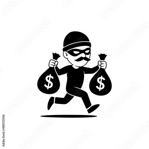 A cartoon thief dashing away with two bulging money bags marked with dollar signs, wearing a striped mask, beanie hat and mustache, perfect for finance memes, crypto trading merch