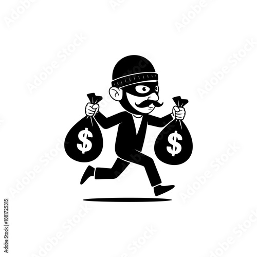 A cartoon thief dashing away with two bulging money bags marked with dollar signs, wearing a striped mask, beanie hat and mustache, perfect for finance memes, crypto trading merch