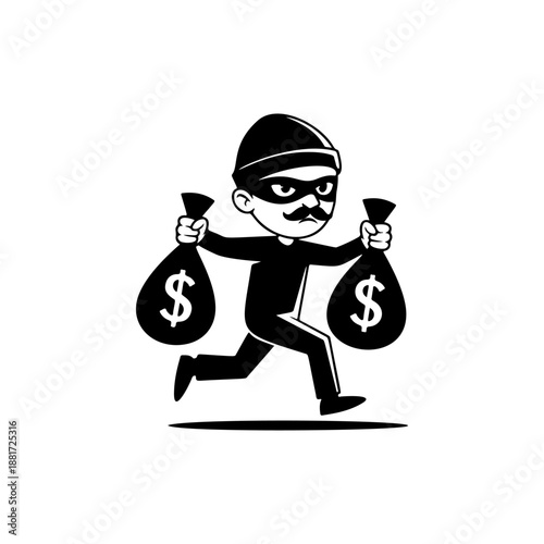 A cartoon thief dashing away with two bulging money bags marked with dollar signs, wearing a striped mask, beanie hat and mustache, perfect for finance memes, crypto trading merch