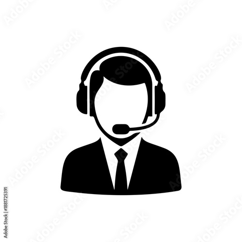 A professional customer support agent in suit and tie wearing headset with microphone, ideal for helpdesk services, tech support companies, call center branding