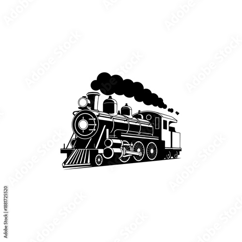 A classic steam locomotive chugging forward with billowing smoke from the stack, detailed wheels and passenger cars, perfect for railroad heritage brands, toy train logos, adventure travel merch