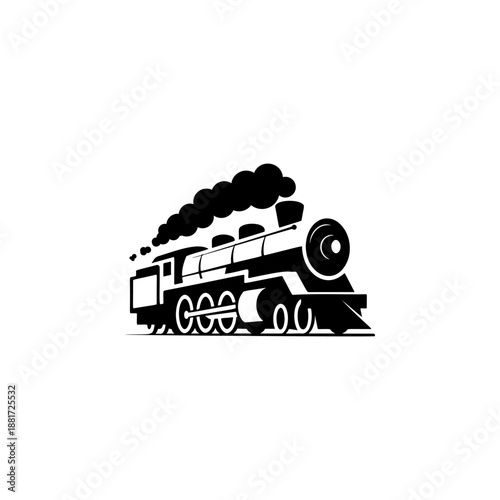 A classic steam locomotive chugging forward with billowing smoke from the stack, detailed wheels and passenger cars, perfect for railroad heritage brands, toy train logos, adventure travel merch