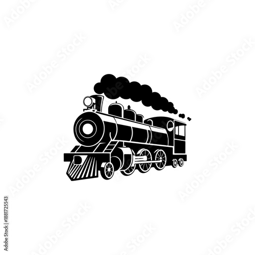 A classic steam locomotive chugging forward with billowing smoke from the stack, detailed wheels and passenger cars, perfect for railroad heritage brands, toy train logos, adventure travel merch